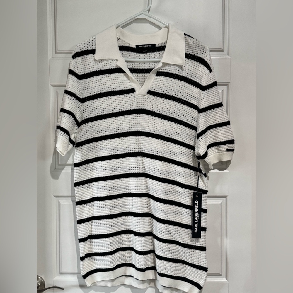 Karl Lagerfeld White and Black Striped Polo Shirt